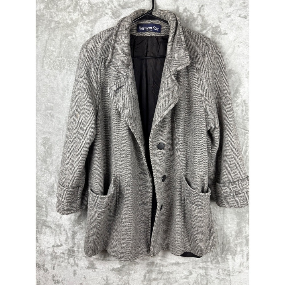 Herman Kay Gray Herringbone Coat Women's 16w‎ Vintage USA Classic  Style